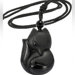 Black Obsidian Stone Crafted Fox Pendant Adjustable Black Braided Cord NWOT